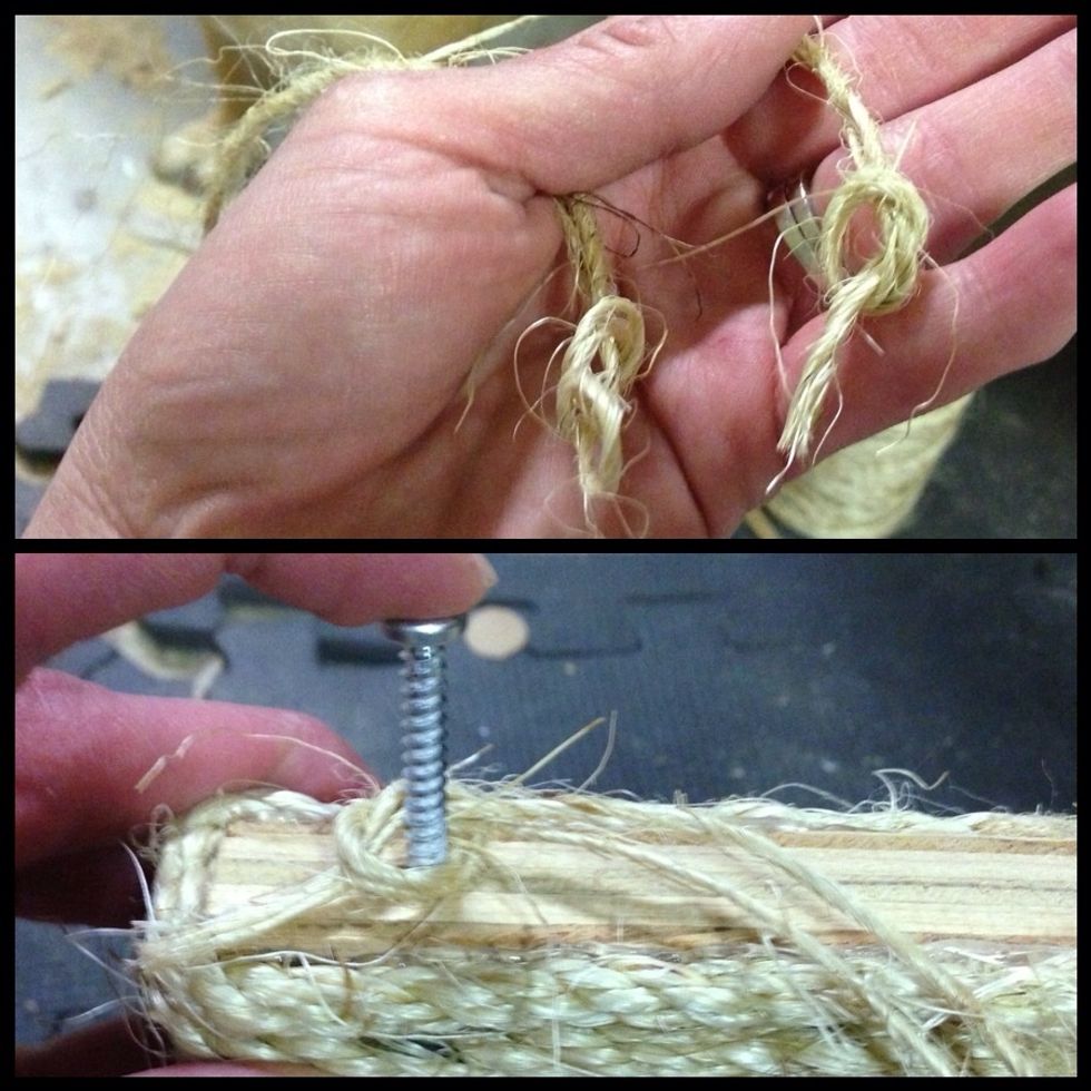 Now, to hang it! Drill appropriate size holes for your screws. I used a picture-frame type hanging method, with two screws and a long piece of sisal. Tie two loose knots at each end.