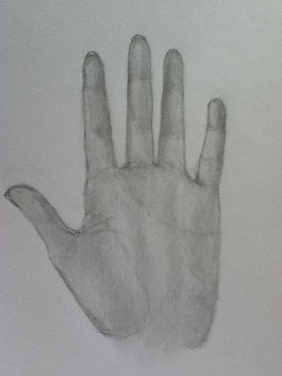 Now to highlight, use your eraser for this. Lightly erase where the raised parts of your hands are, such as on your palms. Also darken the areas not exposed to the "light" you chose to highlight from.
