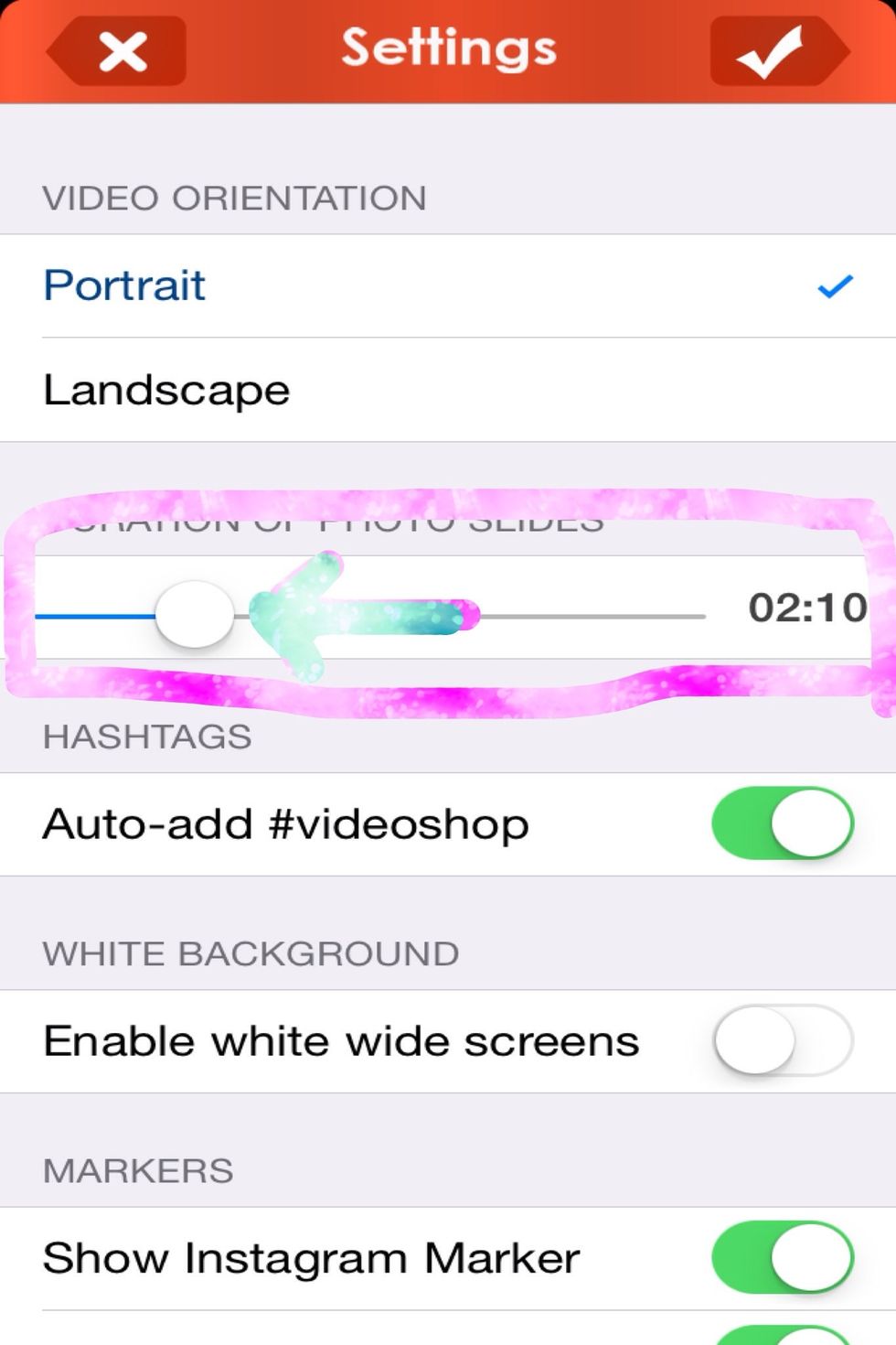 Now to make the pics show shorter amount of time. Slide the button all the way to the left to make it 0.10 seconds