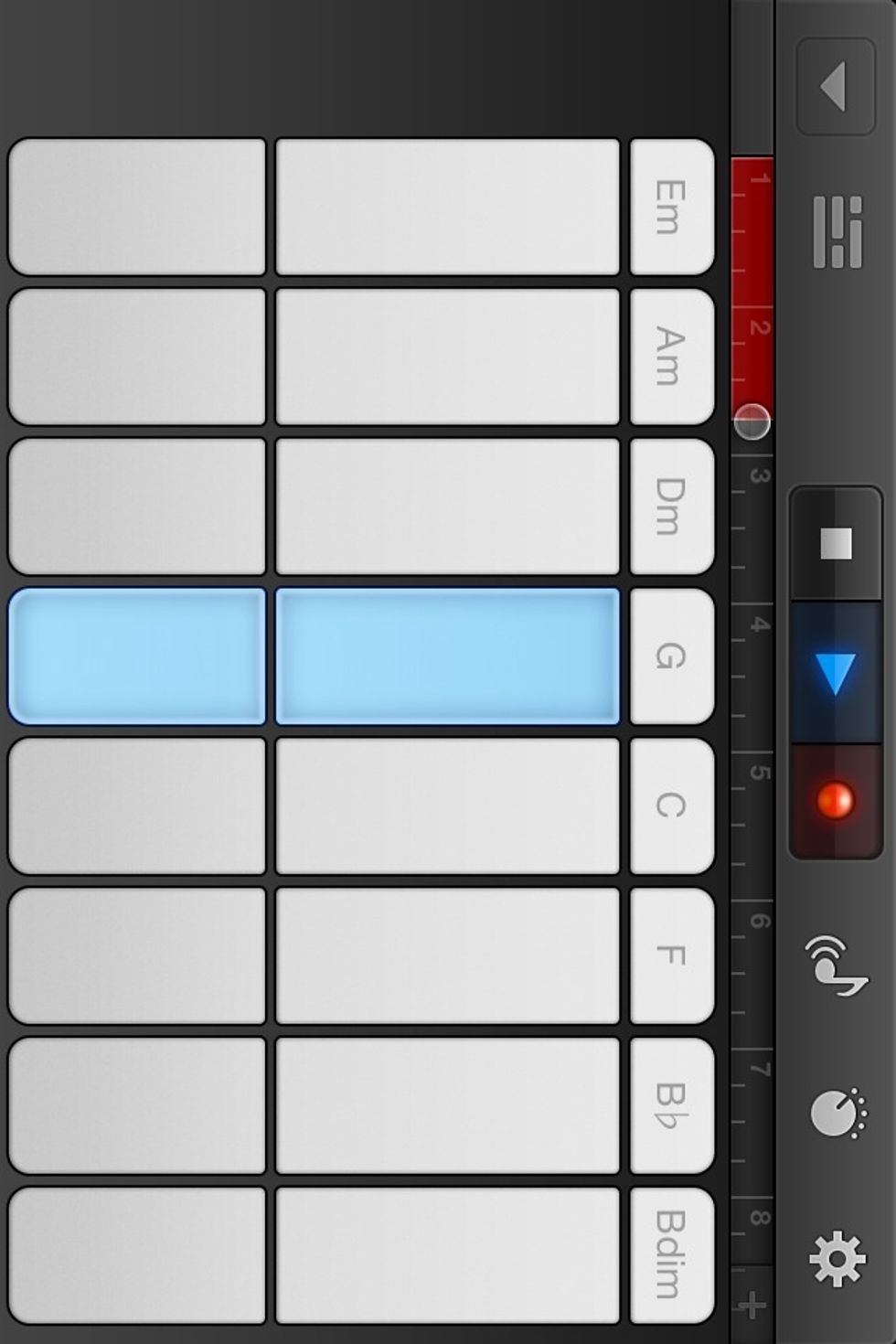 Now to record. With the notes still selected, tap the RED BUTTON (It won't blow up). Your tune will be recorded to the track (the red bar at the top is what is recorded). Tap the GREY SQUARE to STOP.