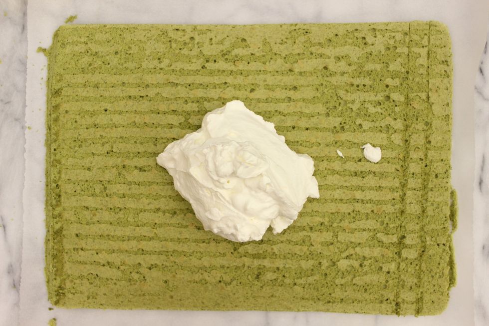 Now to slap on your filling. Don't do this unless your cake is completely cool. Hot cake + cold whipped cream = wet mush.