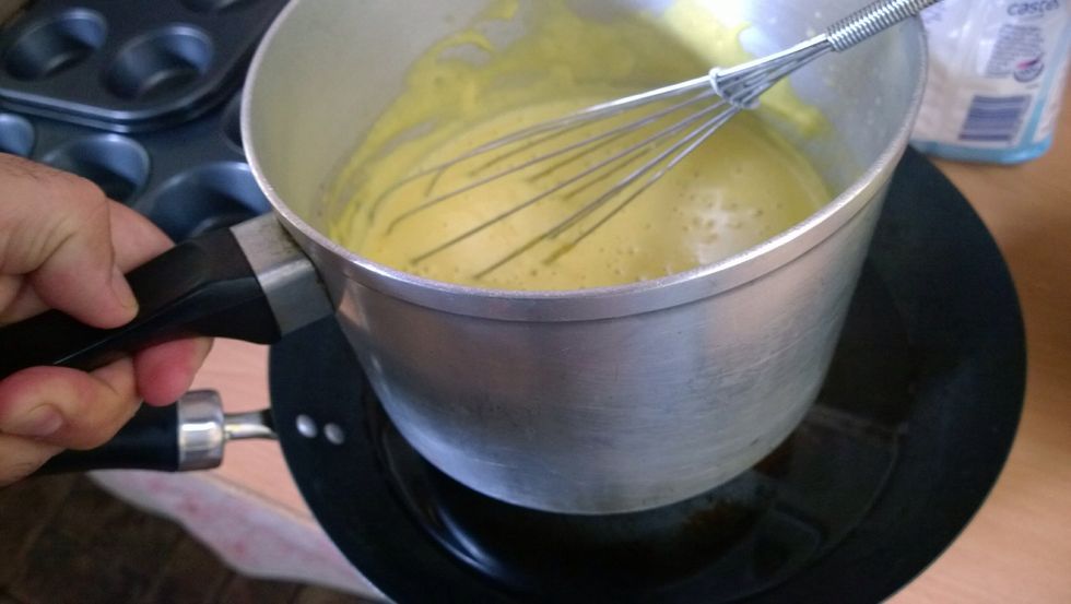Now to stop the custard from cooking further, we just put the burning hot pot into another pot of cold water. Hey! No one said you can stop stirring... Hahaha. Ok ok kidding. Stop now :)