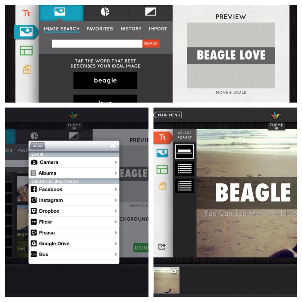 Now touch the blue image symbol under the T tab to add images. The app searches using terms in your slide or your own. You can also import photos. Just touch the import tab and select your photo.