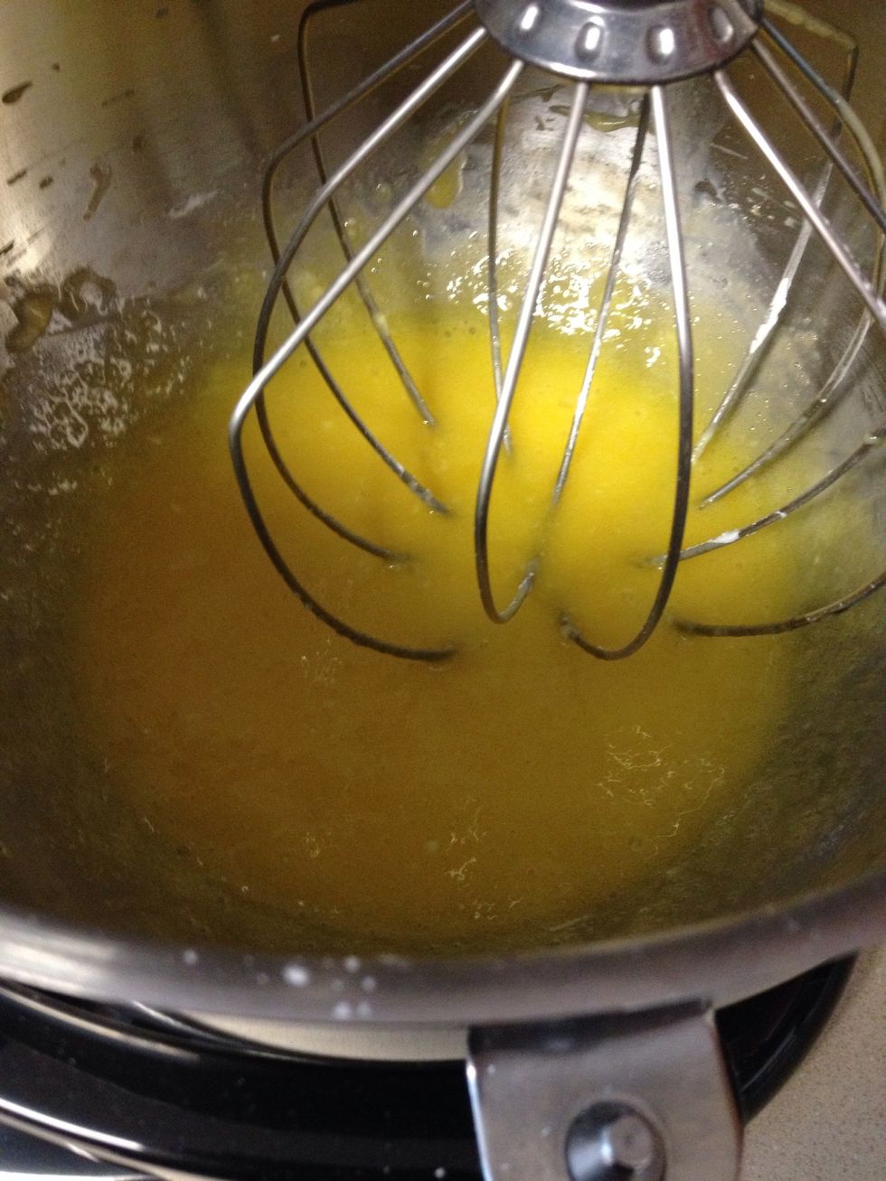 Now turn the mixer on the lowest setting and slowly pour in the chocolate and butter mixture