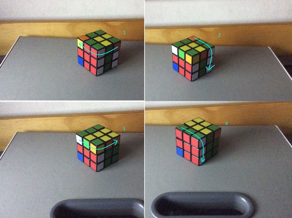 Now, turn the top to the left, the right side down, then the top back to the right, and the left side down.