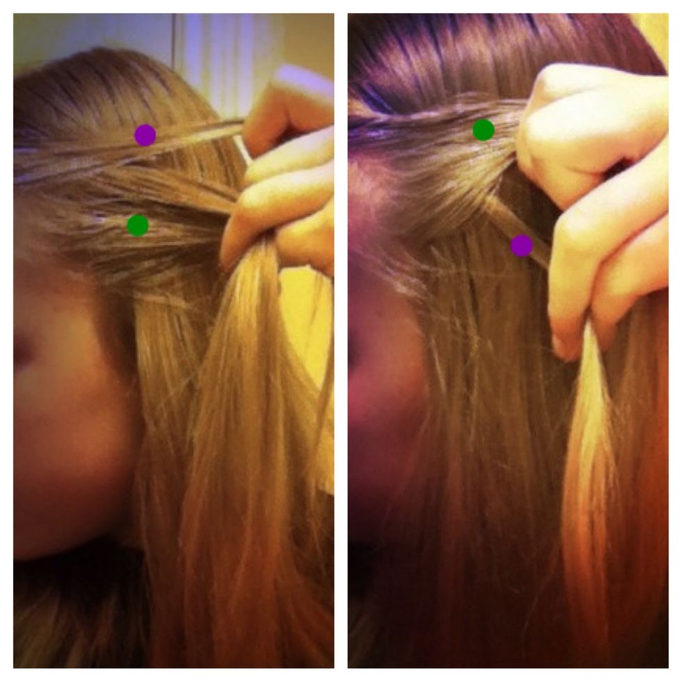 Now twist them both away from your face so that the purple goes underneath while the green goes over . The purple should now be the bottom chunk.