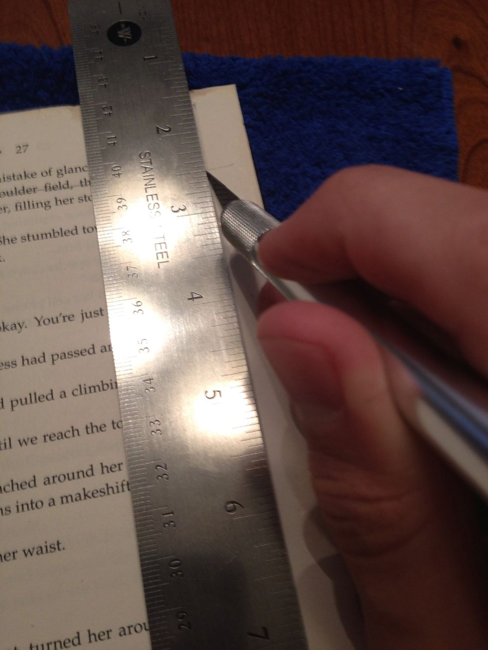 Now using the metal ruler as a guide, carefully cut each side. If you press firmly enough, you will be able to cut through multiple pages!
