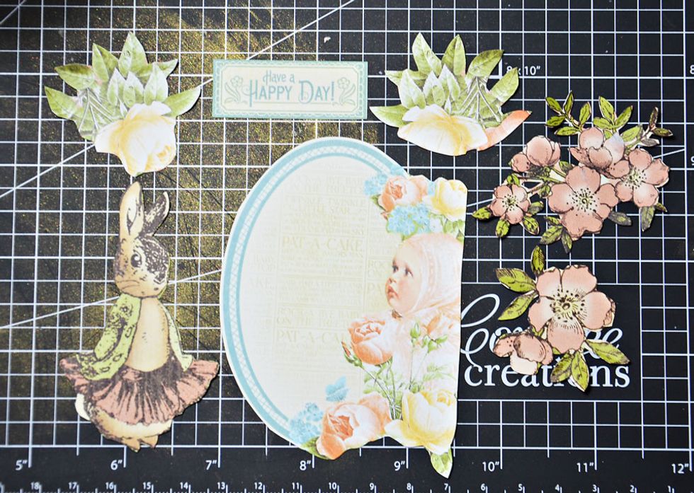 Now we are creating something a little fancy for the inside of the card. From the same papers used to create the cover you will need to fussy cut the images shown above.