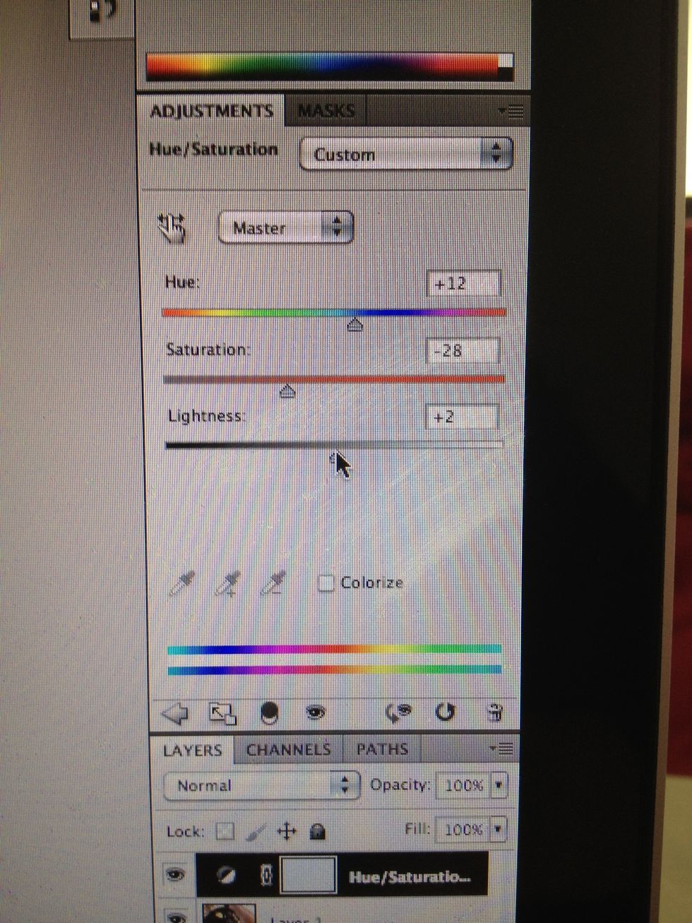 Now we are going to alter the saturation aspect of the image mainly. I usually choose anywhere from 20-50 depending on the lighting of the photo. The hue an lightness can be adjusted to your liking.