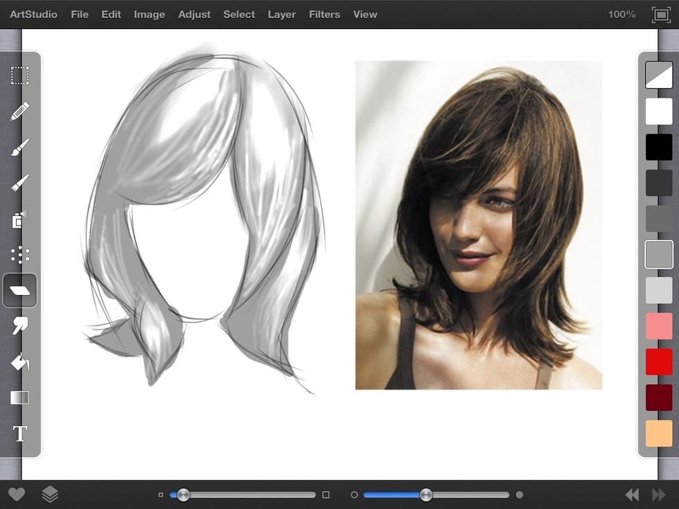 Now we can go in with an thin edged eraser and start removing thin lines of "light hair". This gives the illusion of highlights in the hair. Try to keep them near the areas of light in the drawing.