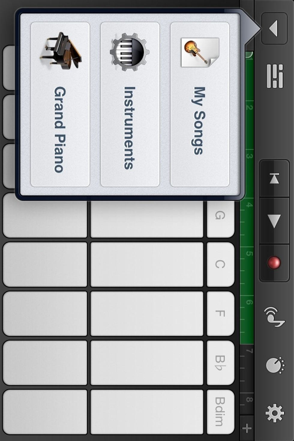 Now we can turn this tune into a ringtone. Tap the GREY DOWN ARROW at the top right of the screen. Tap MY SONGS to get back to the main screen.
