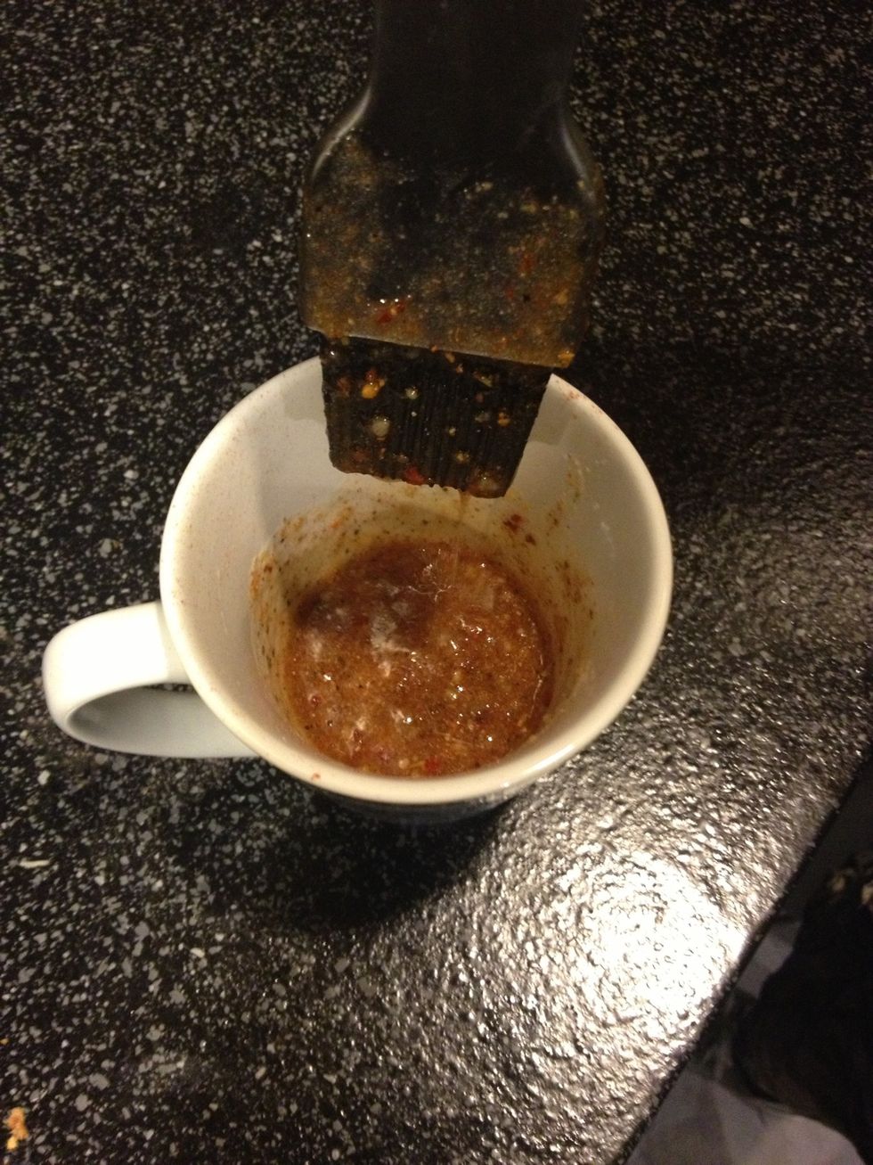 Now we mixed zesty Italian dressing (Kraft) and spices of your choice: ours were salt, pepper, cayenne, paprika, onion powder, and garlic powder. Or you can use a dry rub.