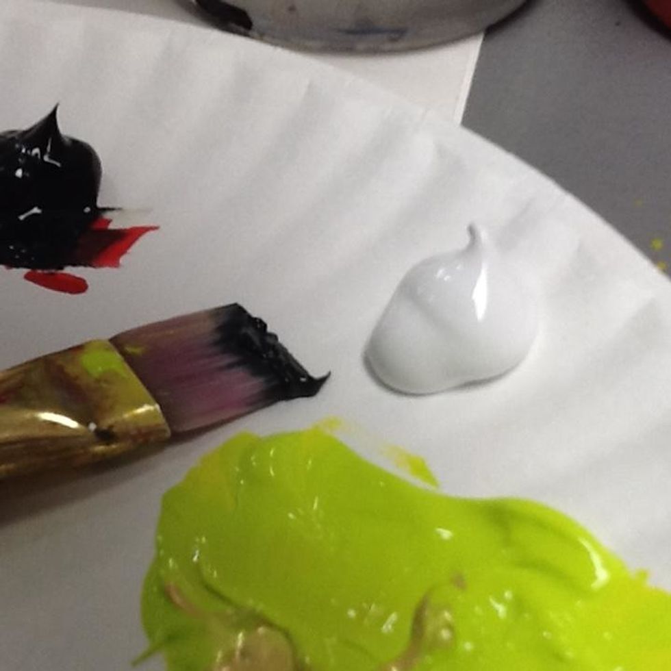 Now we need to make grey. Notice the large amount of white to the small amount of black? Mix a little black with a lot of white to make light grey.