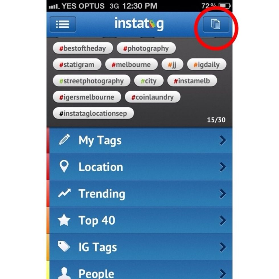 Now we're ready to add the tags into Instagram. All you have to do is press on the button in the top-right corner (circled). This copies the tags and switches into Instagram.