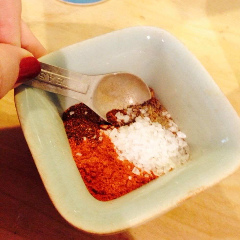 Now we take our spices and blend them together.  I tend to not add much salt because we have senior citizens in the house and I'd rather them not swell up like balloons.