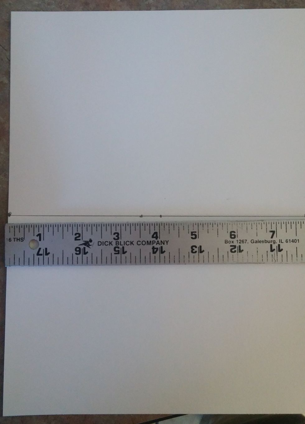 Now we will create the opening in which the vanishing point is. Lay the ruler at the horizon line and make a mark at 3 1/2 and 4 inches. This is the tree opening and vanishing point.