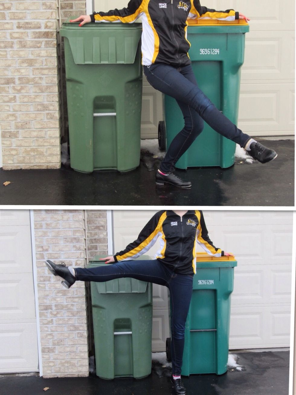 Now we will practice the leg motion. Start by holding onto something. Hold position for 5 seconds. When your leg is to the corner bend your knee and when your leg is to the side of you go into relev\u00e9.