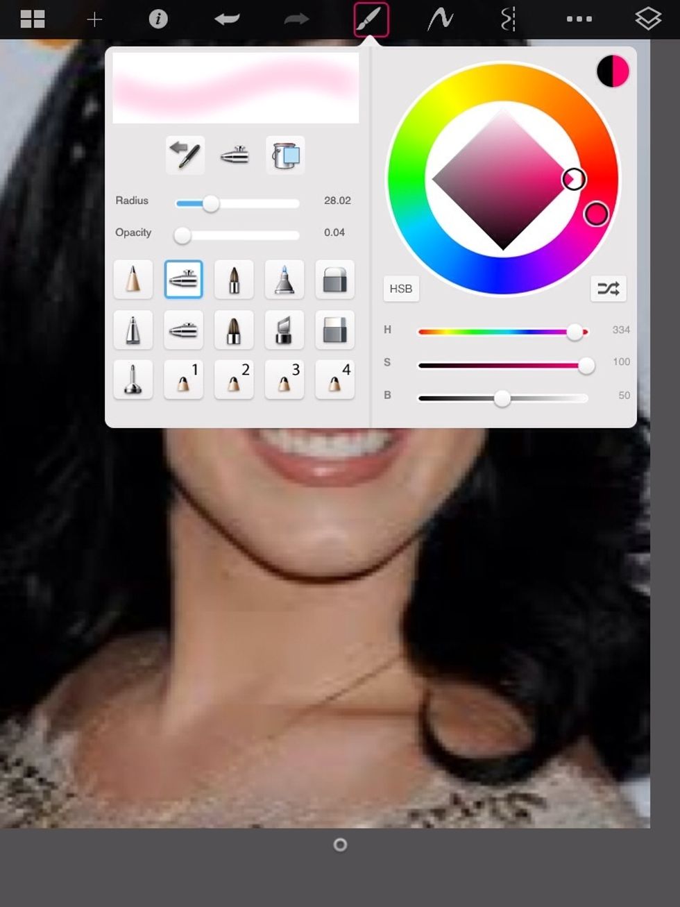 Now we will start with the blush use the brush demonstrated there and make sure capacity is on 0.04 and radius is on 23.02, I am using light pink blush