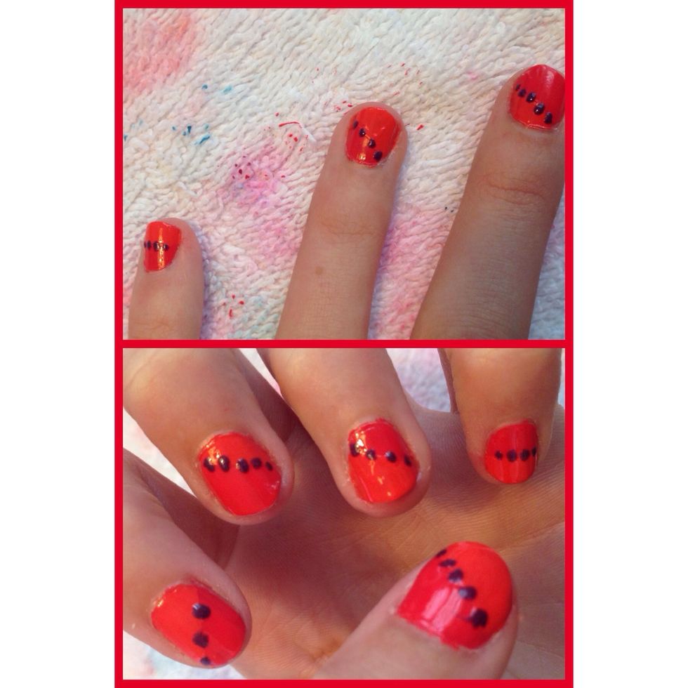 Now what I did to help tell the difference between the nail colors, I took the style polish and made simple dots along the line.  Finally, add a think coat of clear\ud83d\ude2c