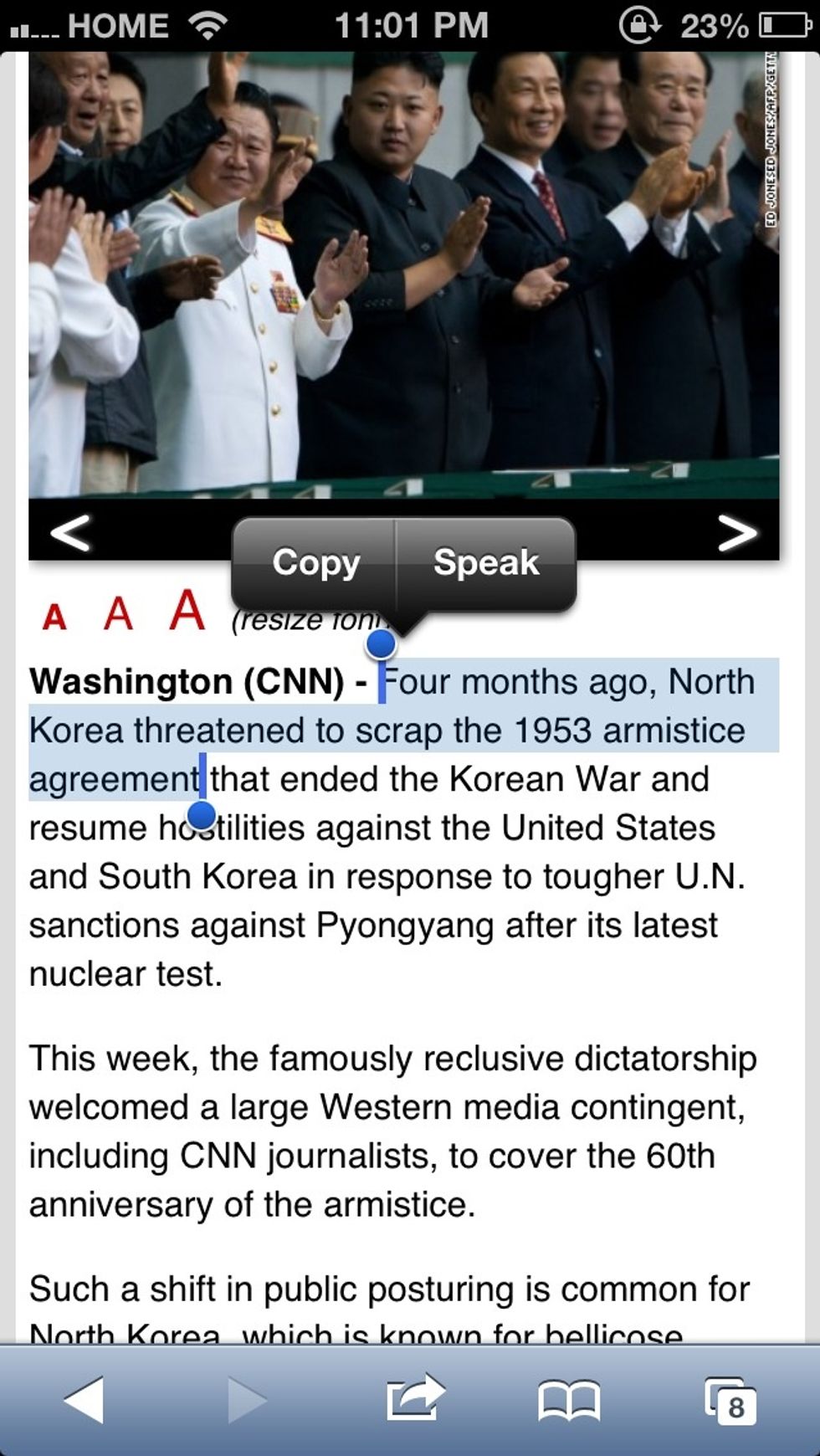 Now, whenever you have text and you hold, not only do you get your usual "Copy" but also "Speak" which will enable the voice to speak the highlighted. This works with any text, including SMS. Enjoy!