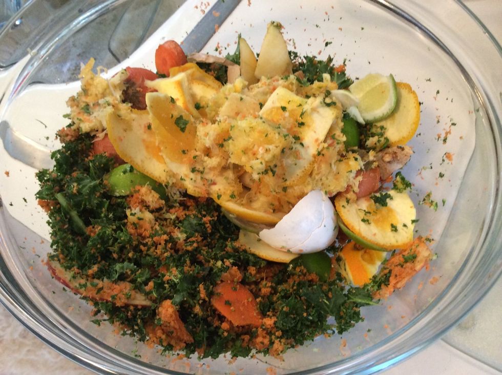 Now, while those are baking, let's take care of no waste part #2. Collect the remaining pulp, egg shells and the cuttings from prep.