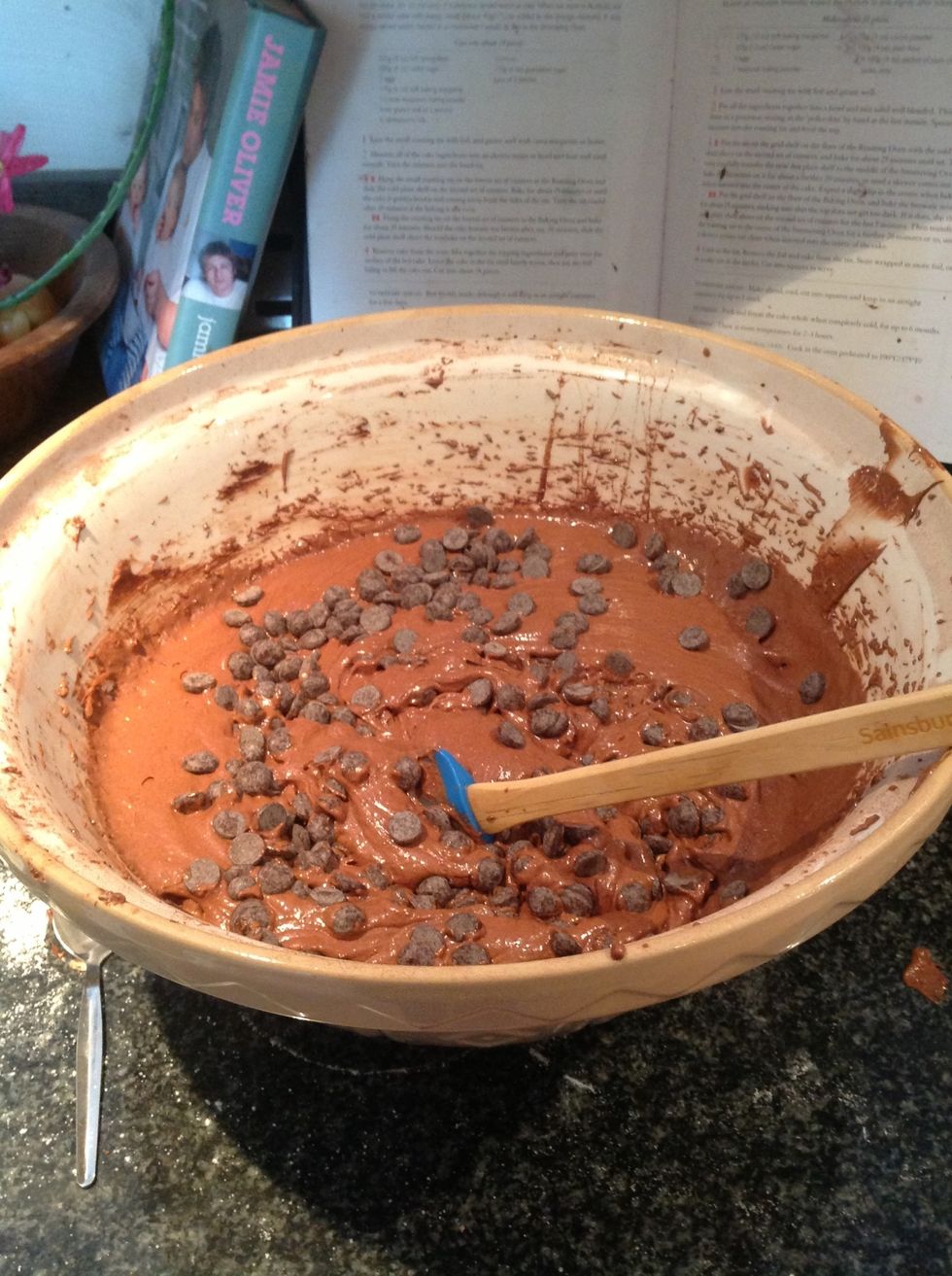 Now you add the chocolate chips, stir in slowly.