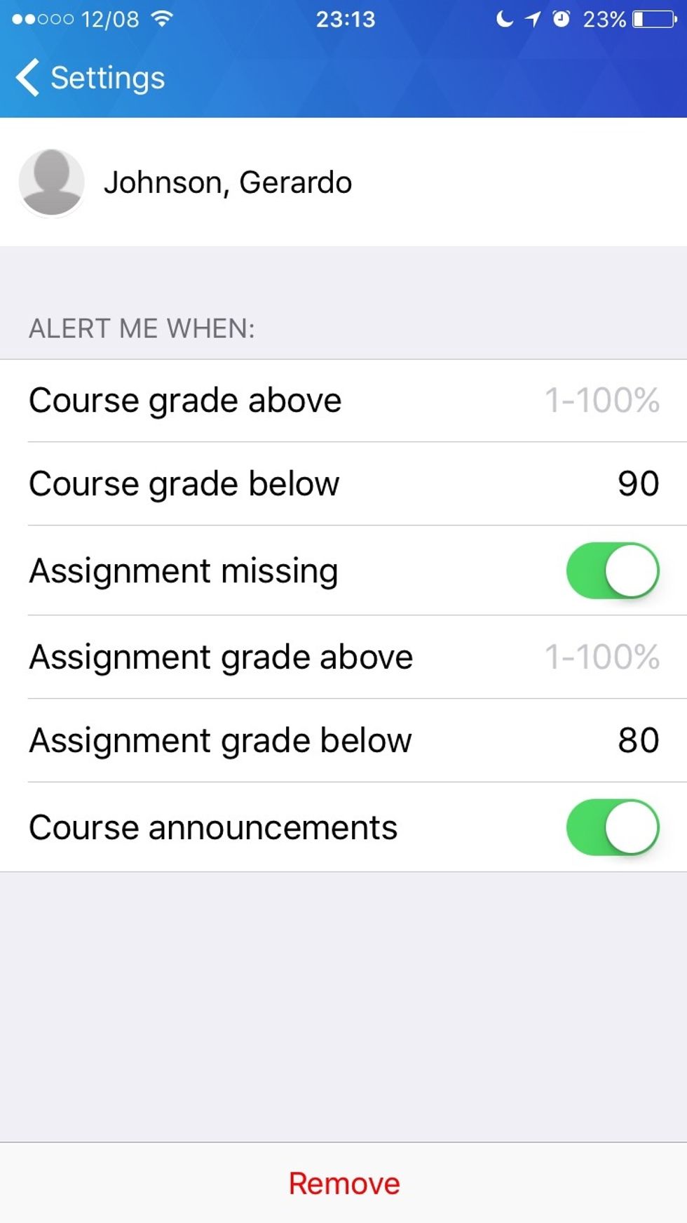 Now you are ready to monitor your student conveniently. If you want more detail, want to contact teachers, and see specific assignments, you should use the full web version on a computer.