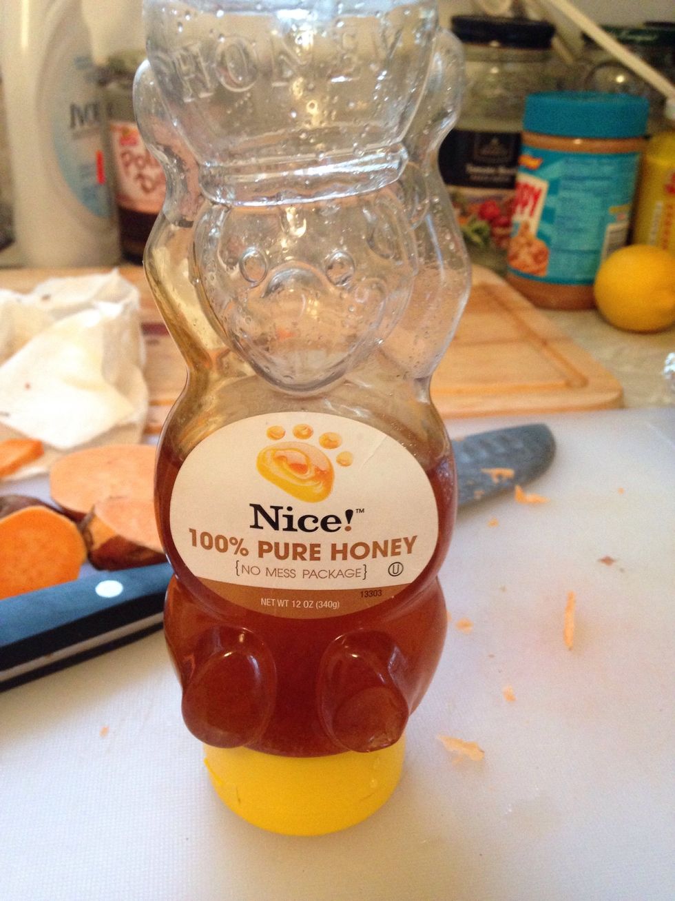 Now you can add honey, just a small drizzle over the potatoes. I usually only add honey to half the sheet, making two types of treats.