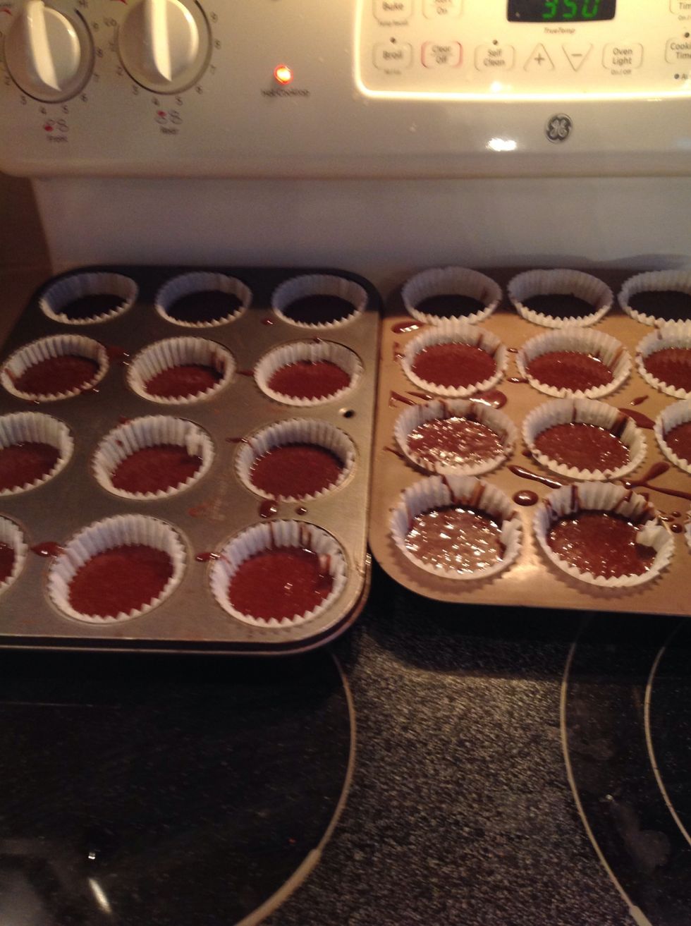 Now you can add the batter in your already prepared pans. I used a 1/4 cup and put half of it in the wrapper.