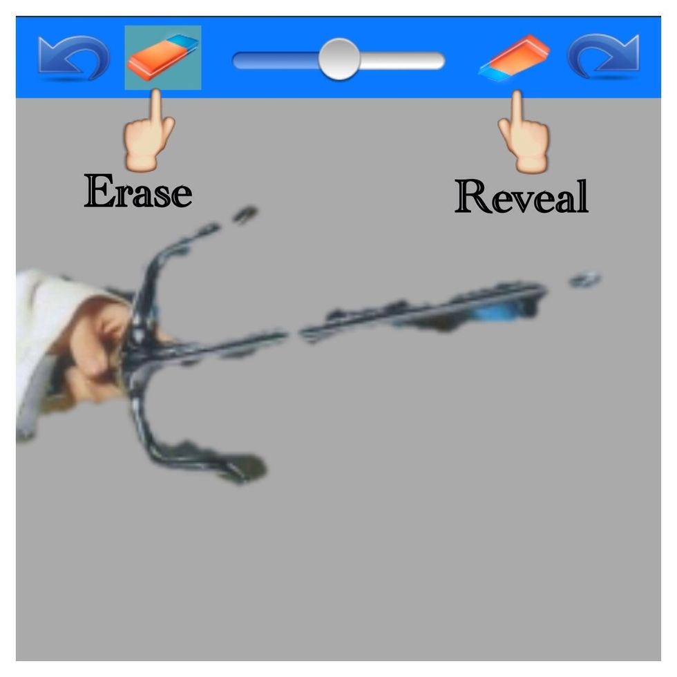 Now you can make some final revisions.  The cut is usually good but this weapon was tricky.  Tap the erase at the left to erase more of the item or reveal at the right to reveal more of the item.