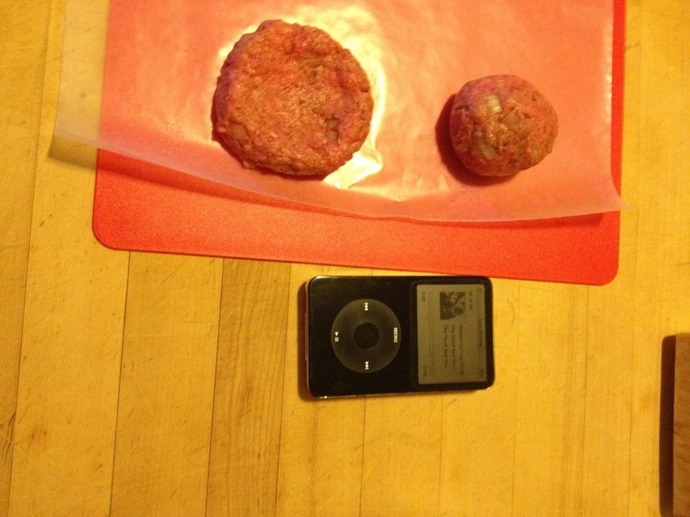 Now you can portion out the meat if you want. Pictured is an iPod classic to help provide a scale. The ball on the right flattens out to a patty the size of the one on the left.