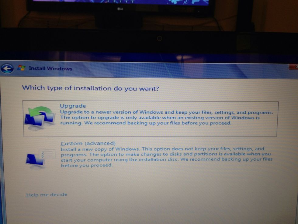 Now you choose what type of installation. If you select upgrade, it will upgrade your copy of vista to windows 7. I selected the custom  install.