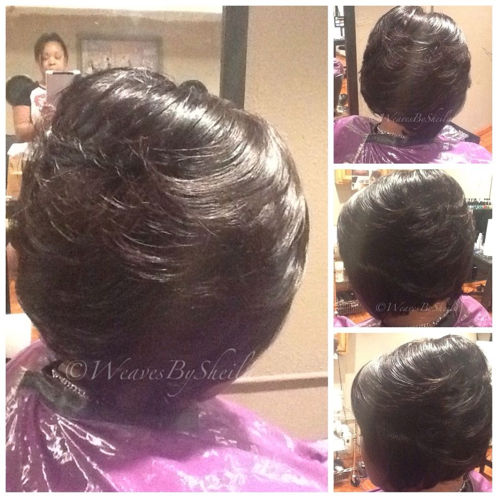 Now you have a LINE with LAYERS. lifting the hair & allowing the length to fall creates lovely layers. I enhanced them with a ceramic flat iron(Babyliss)