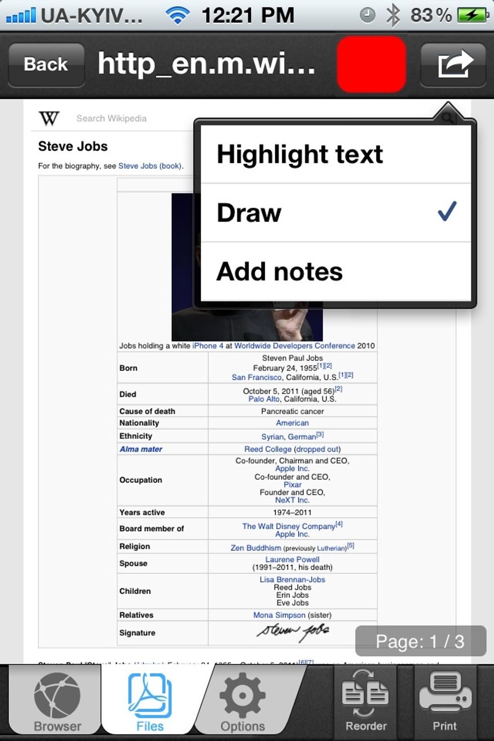 Now you have a PDF version of a Safari web page which can be annotated or shared as a regular PDF document.