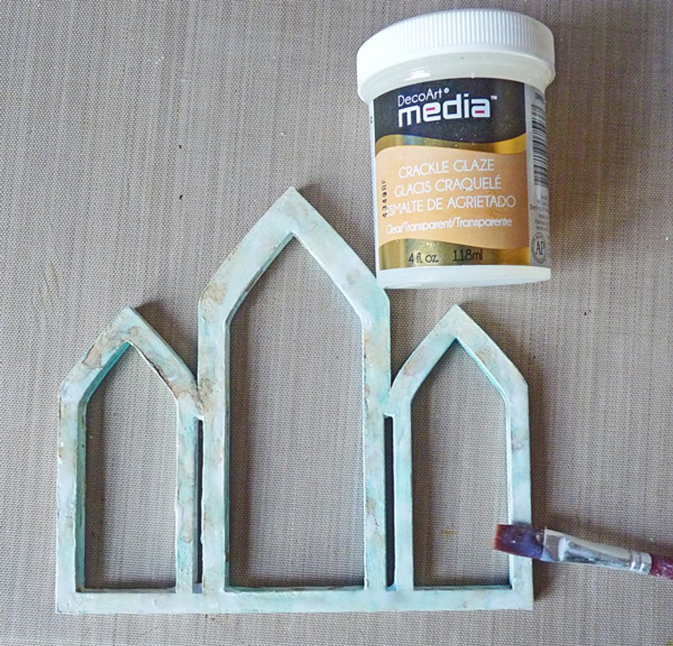 Now you have created a translucent distress effect with the paints go over the surface with clear crackle glaze with an uneven coverage so you have some thick and some thinner areas of the medium.