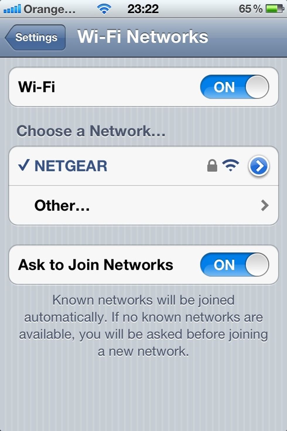 Now you have got to the Wi-Fi settings screen you can see at the top that the Wi-Fi is on just swipe left over the ON button to the right of it.