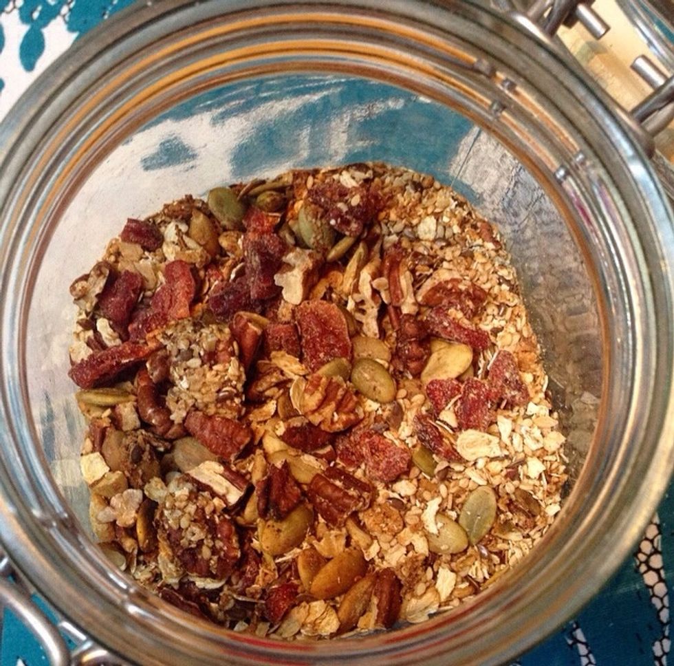 Now you have granola that will last at least a couple of weeks! Quinoa puffs are nice to add and makes the granola last longer.