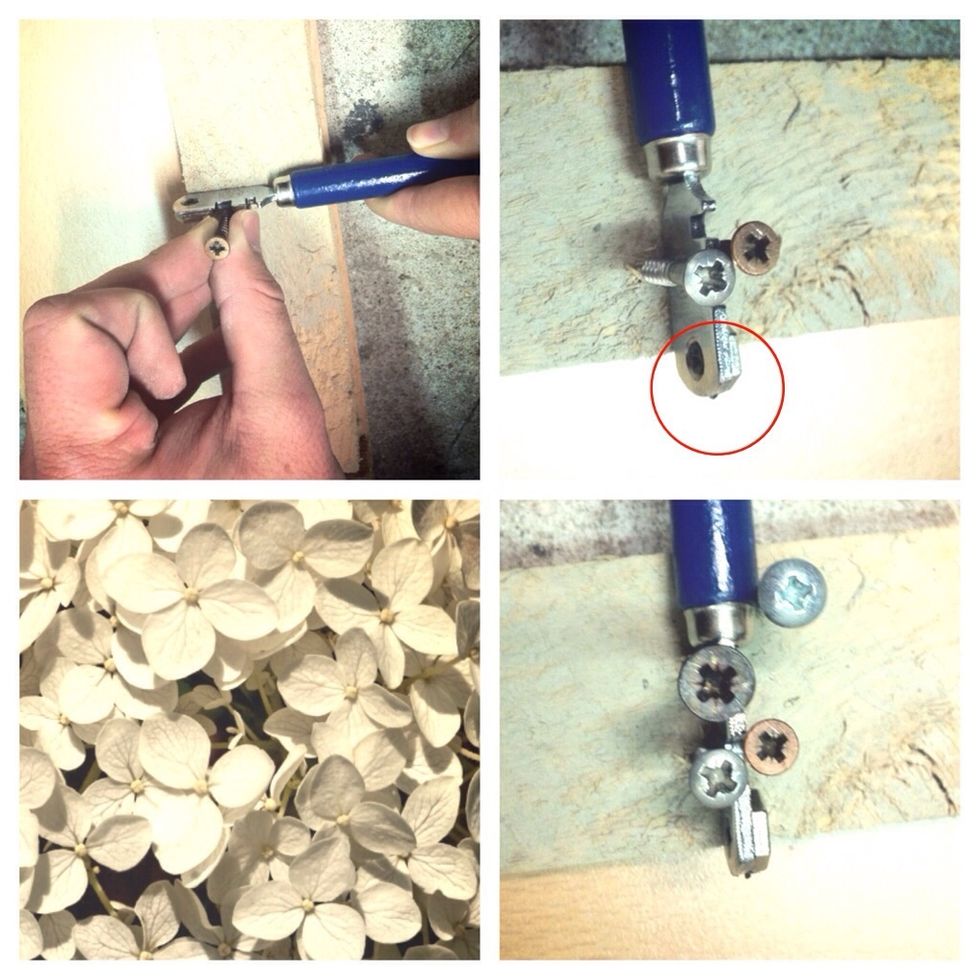 Now you need help from a second person. Hold the glass cutter right over the spot and secure it with some screws. Make sure to let it stand over the edge of the wood, so it has contact with the glass!