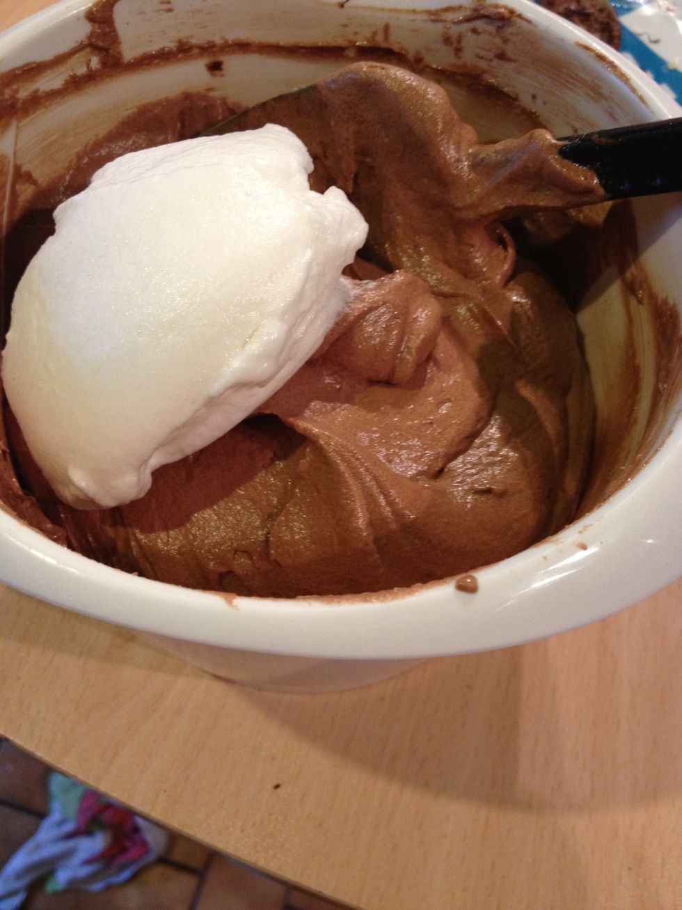 Now you need to fold the egg into the mix. Use a metal spoon, as you want to keep as much air in as you can.