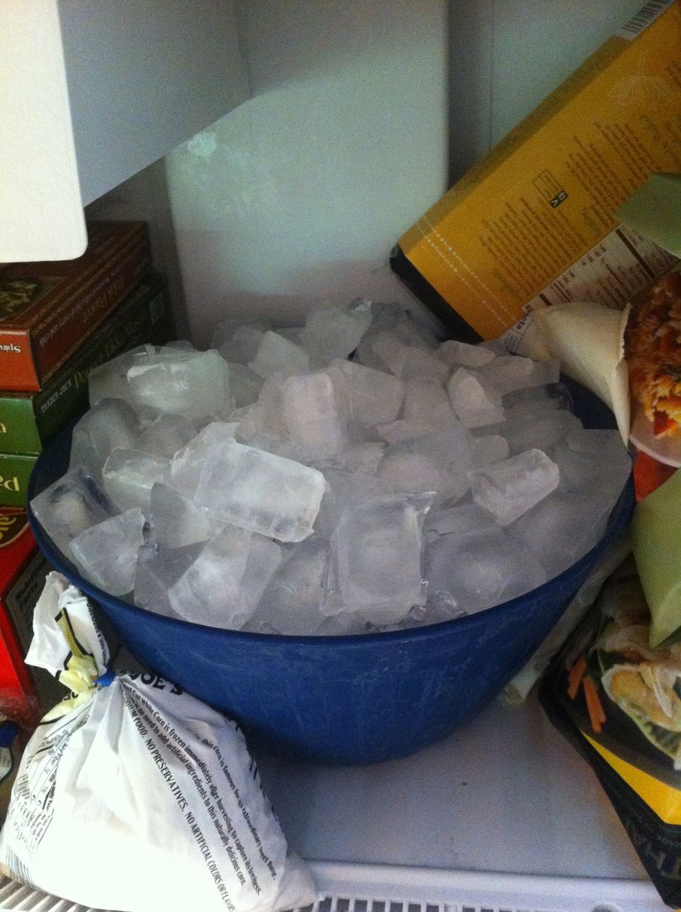 now you need to gather your ice. winter is coming. I make my ice the day before in a giant plastic bowl because I don't like to pay for frozen water. if you want to be really epic you can use snow.