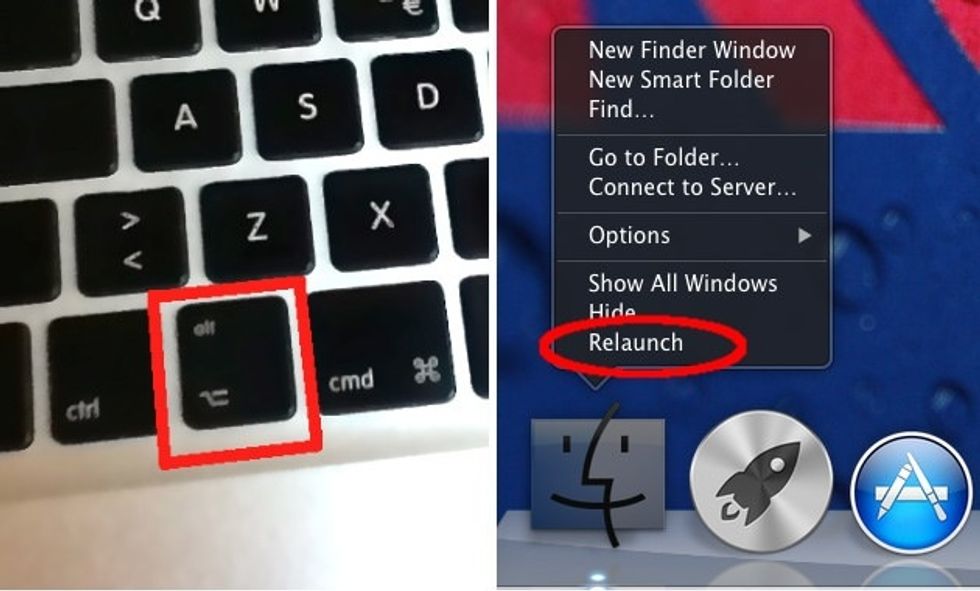 Now you need to Relaunch Finder. While holding the "alt" key in your keyboard, right-click Finder and click on "Relaunch". This option won't show if you are not holding the "alt" key!