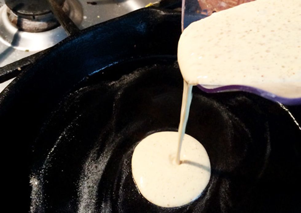 Now you pour it.. like so. I learned that you don't want to pour TOO much. Keep your pancakes small-ish. The larger they are.. the harder the FAIL.