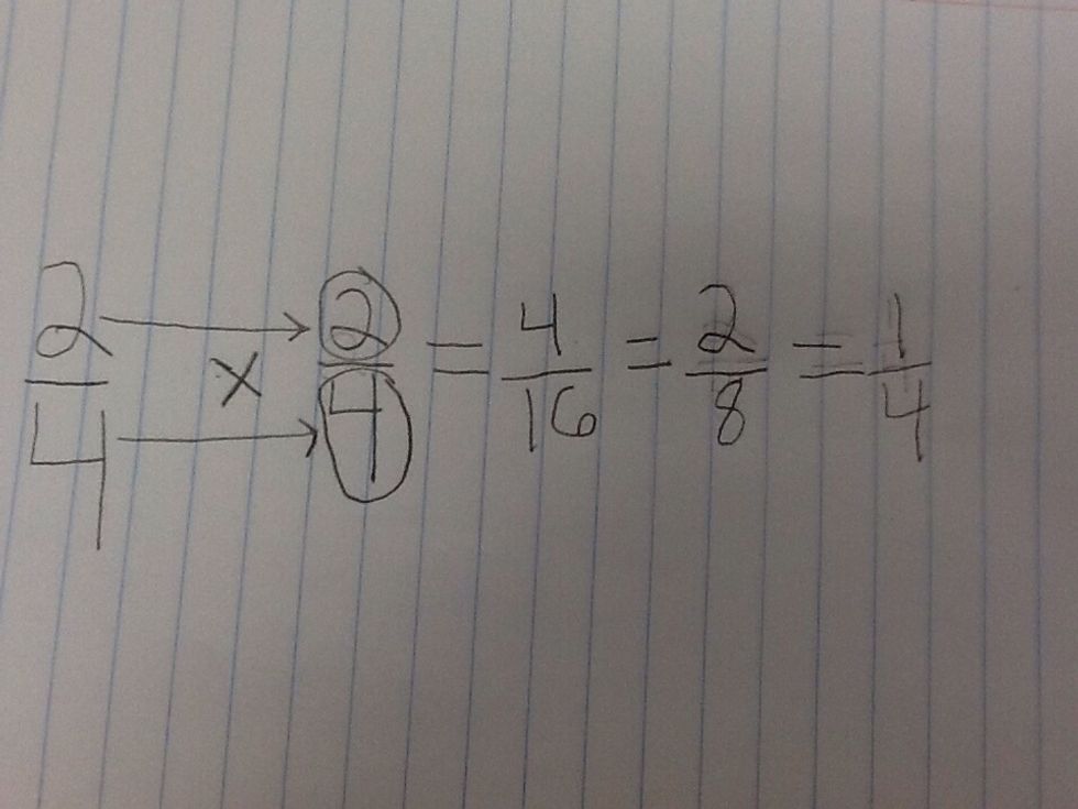 Now you solve it and get 4/16 then you simplify and get 2/8 you simplify again and get 1/4. And 1/4 is your simplified answer.