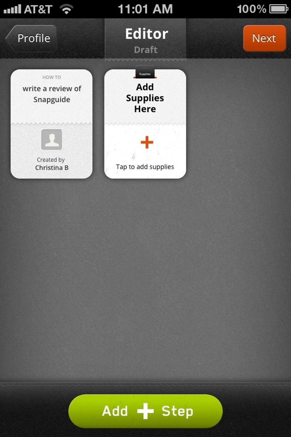 Now you\u2019re in the how-to guide editor. Add supplies or add a step. Add the steps using text, photo or video. Select multiple images to batch upload to your guide, which you can then rearrange. Easy.