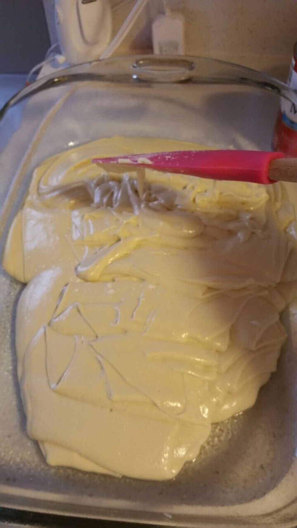 Now, you use your rubber spatula and smooth out the cake batter so it'll be equal around the whole pan