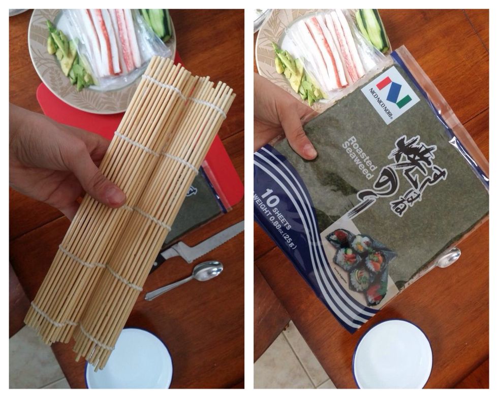 Now you will be able to actually start making the sushi. You will need to start with your sushi mat and your 10 sheets of seaweed.