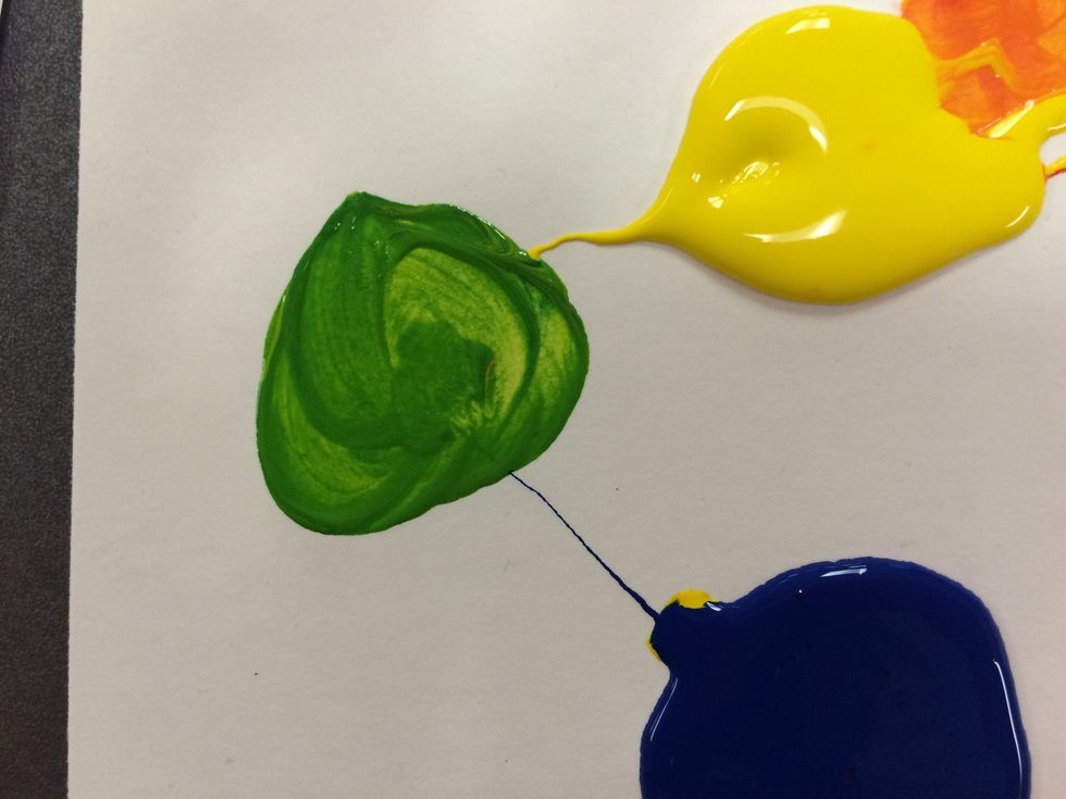 Now you will mix your next SECONDARY color: GREEN. Drag a small amount of yellow to the side and add an even smaller amount of blue to it. This should make GREEN.