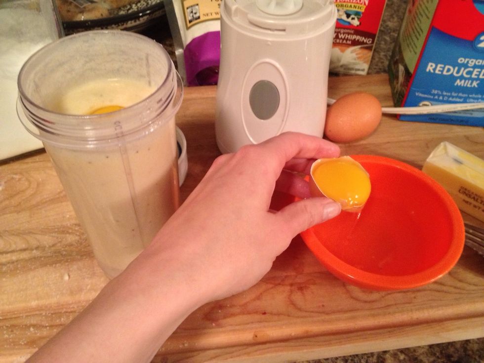 Now you will separate your three eggs, and add all three yolks to the banana cream mixture.