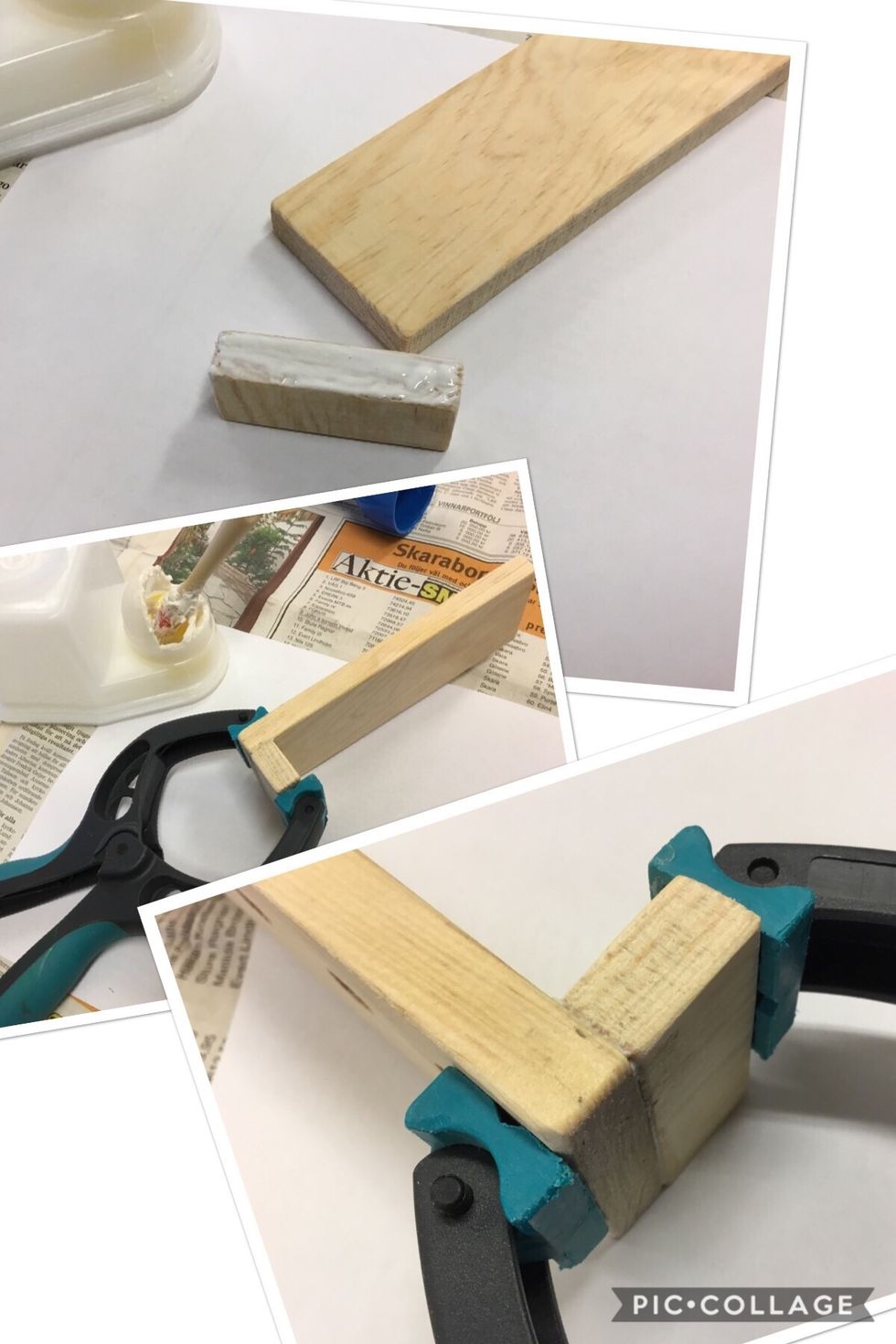 Nu ska de tv\u00e5 bitarna limmas ihop. T\u00e4nk p\u00e5 att s\u00e4tta den lilla biten p\u00e5 sidan utan h\u00e5l. Var noga med passformen.