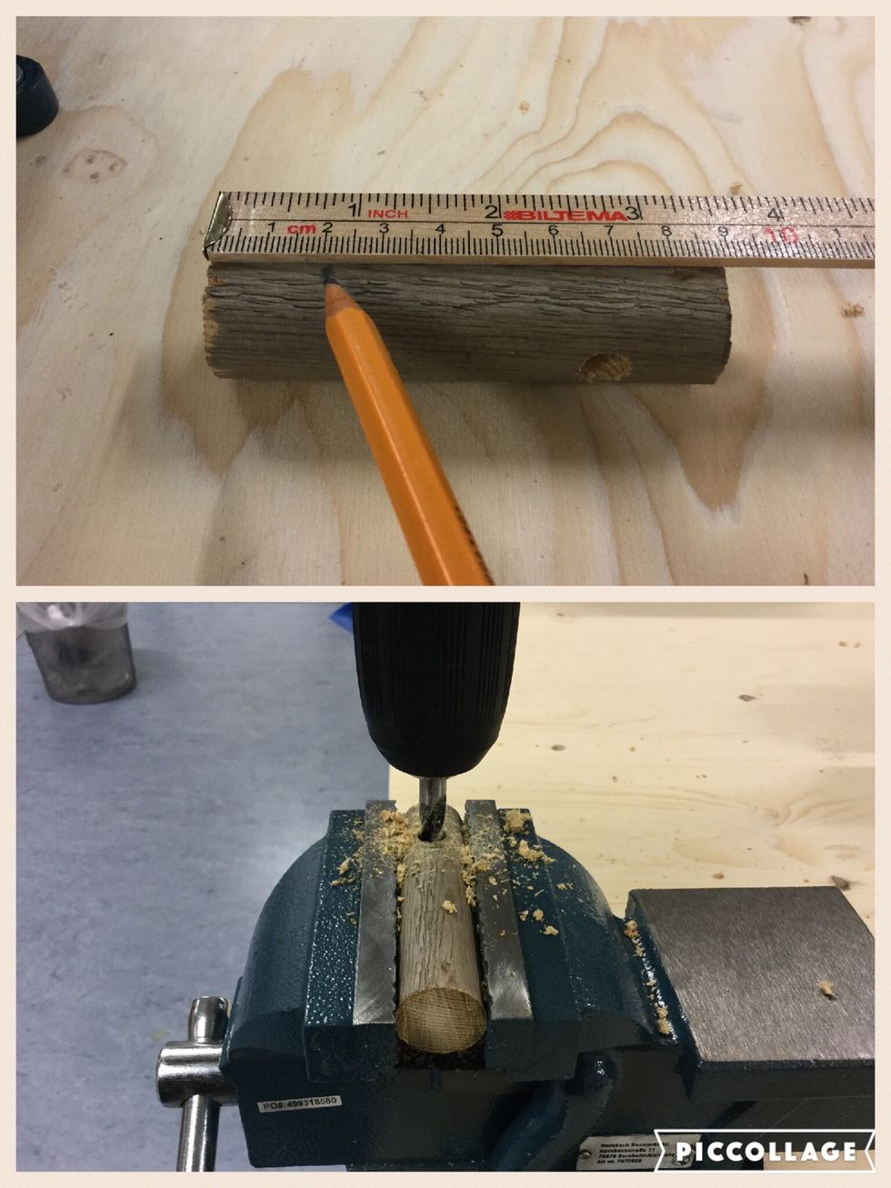 Nu ska du borra ett h\u00e5l f\u00f6r handtaget. G\u00f6r en markering 2 cm fr\u00e5n den andra kanten, ett kvarts varv fr\u00e5n det andra h\u00e5let. Borra sedan med borr nr 7 genom hela rundstaven.